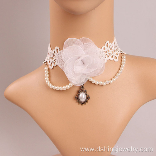 Fashion White Rose Choker With Pearl Tassel Bridal Jewelry